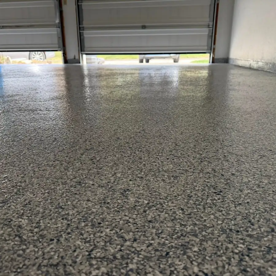 Dark gray flake epoxy garage floor high gloss Missouri